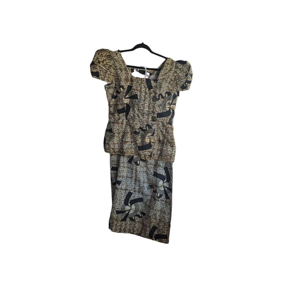 Handmade Woman Black&Tan Print Blouse & Adjustable Skirt Set Ghana Material Sz:M
